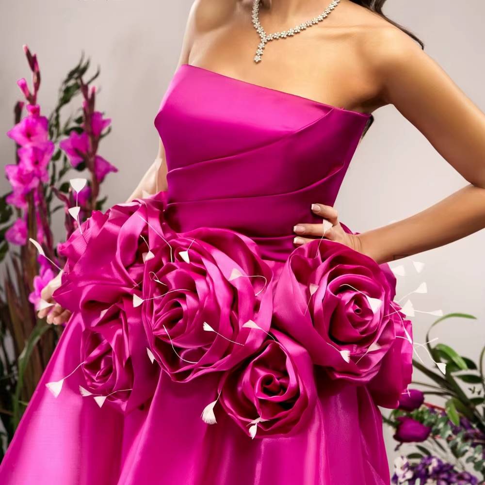 Elegant 3D Flowers Trailing robes Strapless Party Silky Maxi Dress