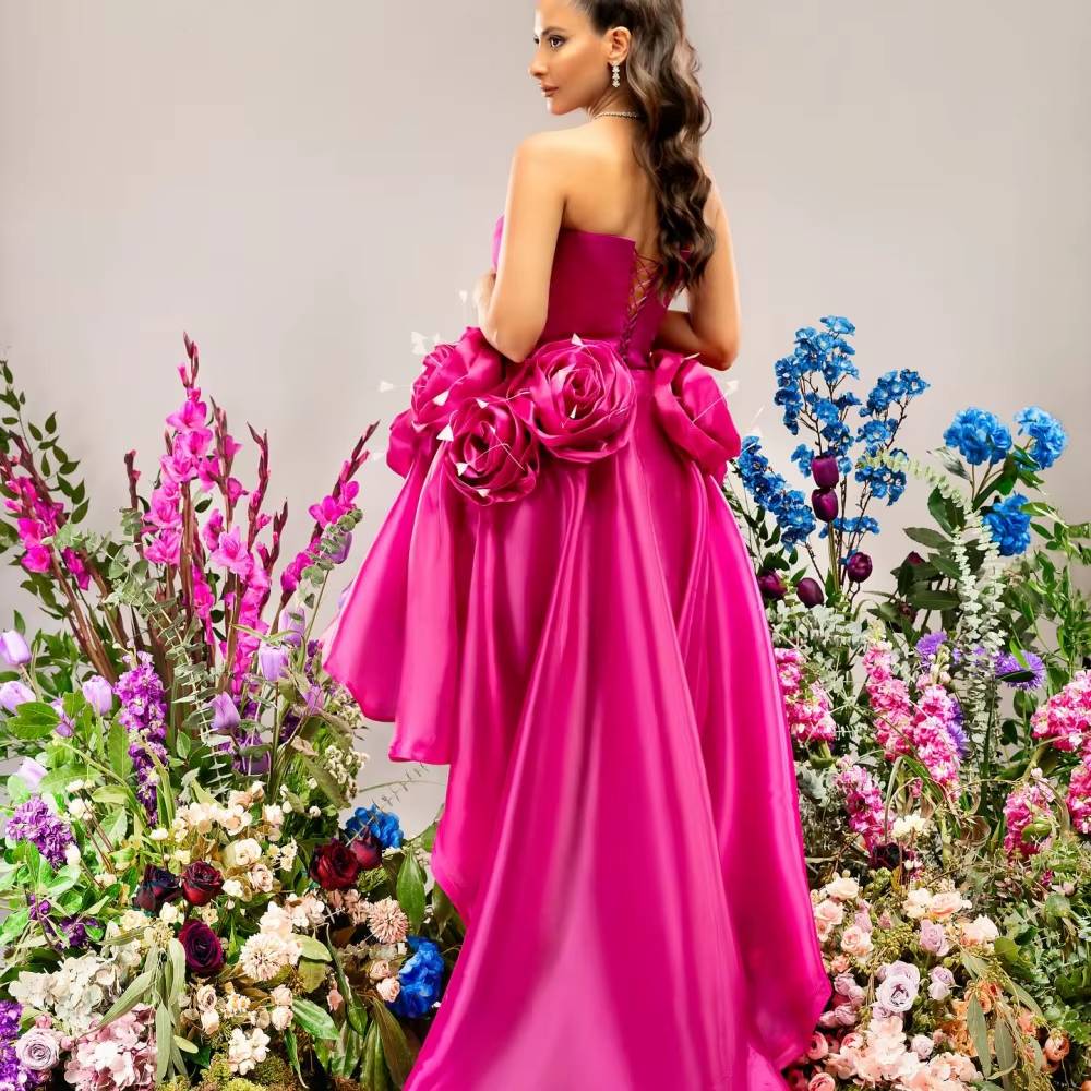 Elegant 3D Flowers Trailing robes Strapless Party Silky Maxi Dress