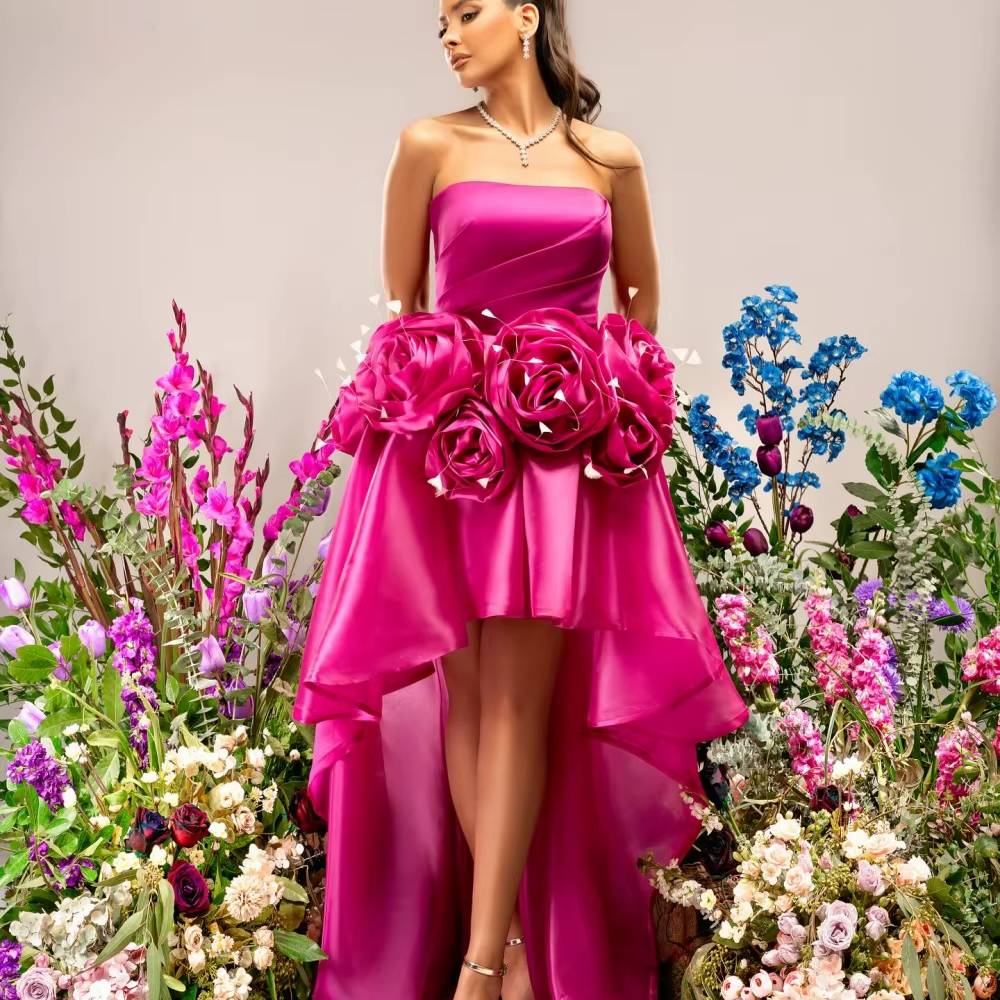 Elegant 3D Flowers Trailing robes Strapless Party Silky Maxi Dress