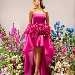 Elegant 3D Flowers Trailing robes Strapless Party Silky Maxi Dress