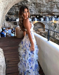 Elegant 3D Print V-Neck Off-Shoulder Sleeveless Evening Party Long Dress