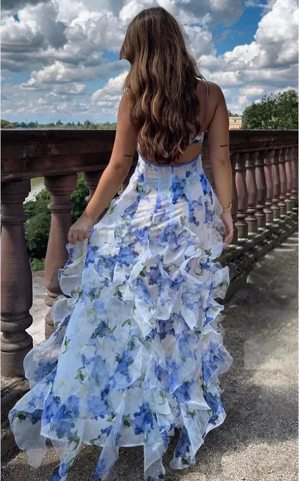 Elegant 3D Print V-Neck Off-Shoulder Sleeveless Evening Party Long Dress