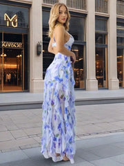 Elegant 3D Print V-Neck Off-Shoulder Sleeveless Evening Party Long Dress