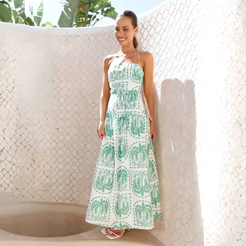 Elegant Pullover Beach Style With Strap Printing Ankle Length Maxi Dress