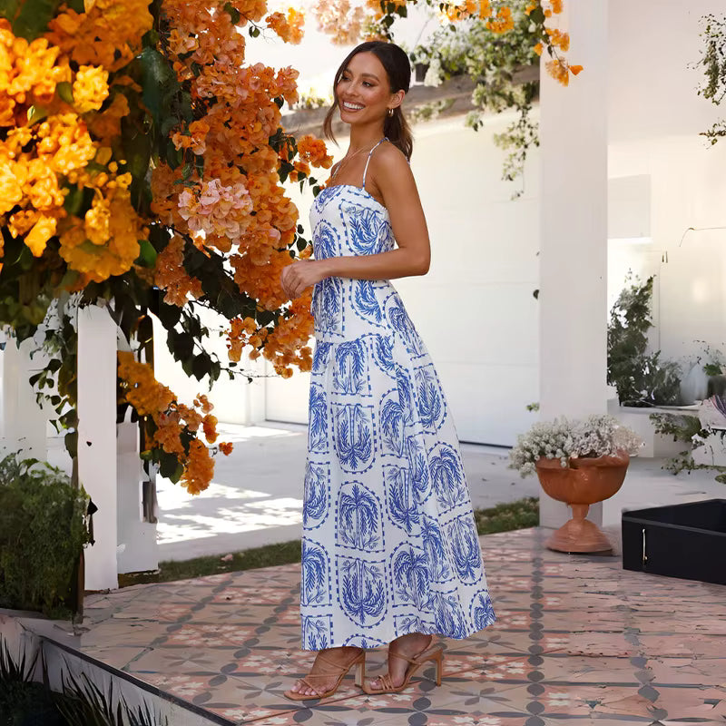 Elegant Pullover Beach Style With Strap Printing Ankle Length Maxi Dress