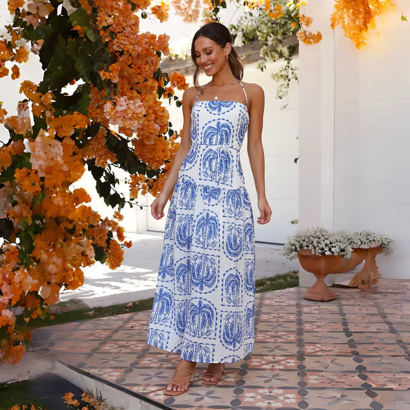 Elegant Pullover Beach Style With Strap Printing Ankle Length Maxi Dress