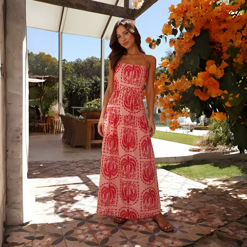 Elegant Pullover Beach Style With Strap Printing Ankle Length Maxi Dress