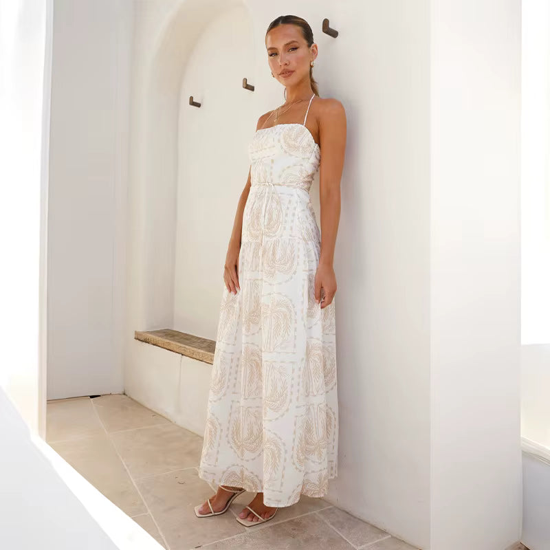 Elegant Pullover Beach Style With Strap Printing Ankle Length Maxi Dress