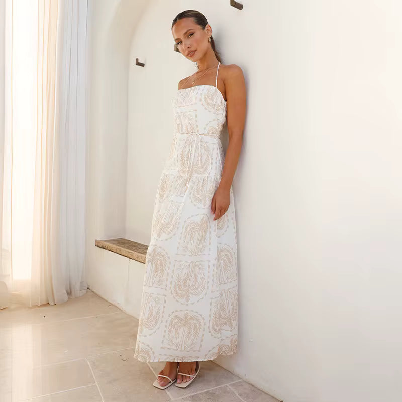 Elegant Pullover Beach Style With Strap Printing Ankle Length Maxi Dress