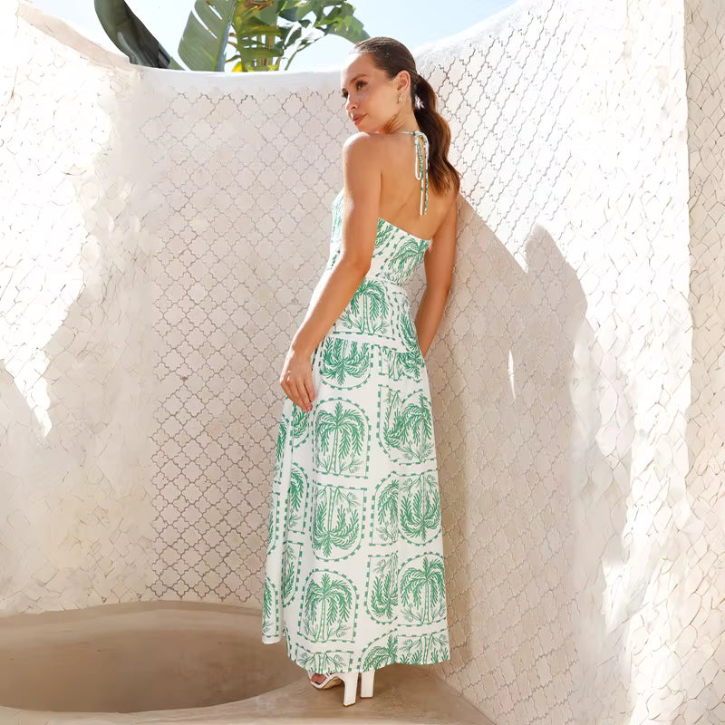 Elegant Pullover Beach Style With Strap Printing Ankle Length Maxi Dress