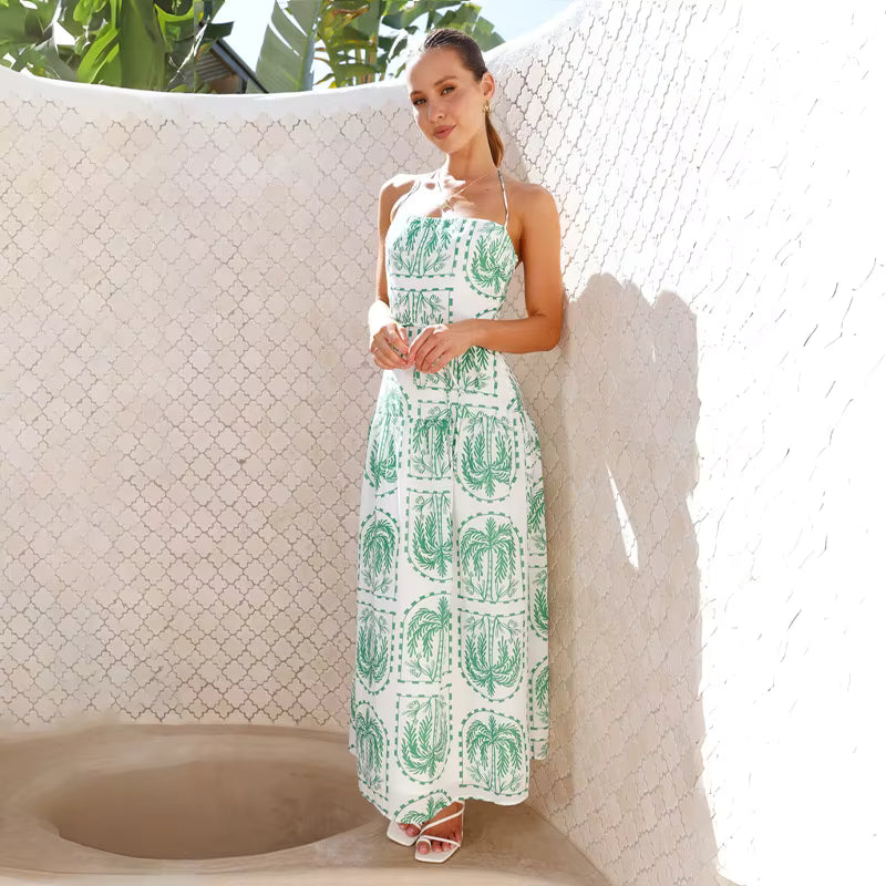 Elegant Pullover Beach Style With Strap Printing Ankle Length Maxi Dress