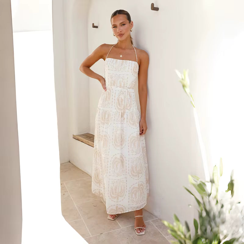 Elegant Pullover Beach Style With Strap Printing Ankle Length Maxi Dress