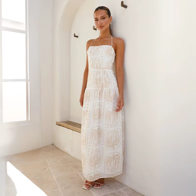 Elegant Pullover Beach Style With Strap Printing Ankle Length Maxi Dress