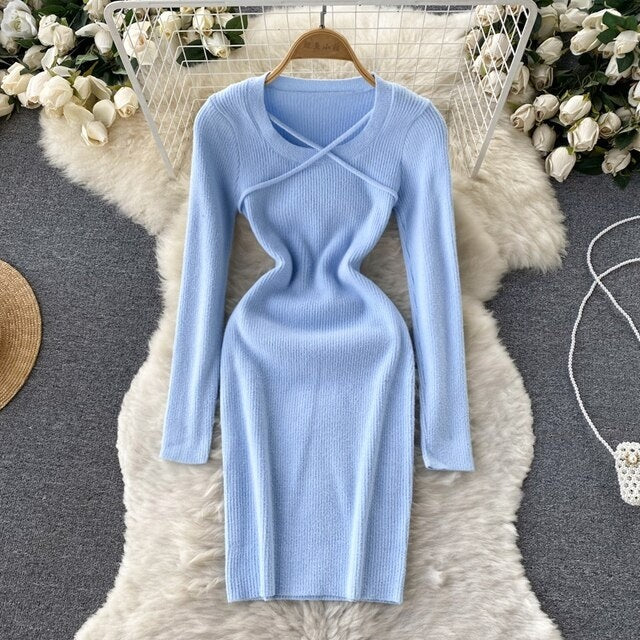 Elegant A Line Cross Tie Design O Neck Slim Dress