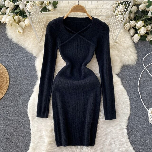 Elegant A Line Cross Tie Design O Neck Slim Dress