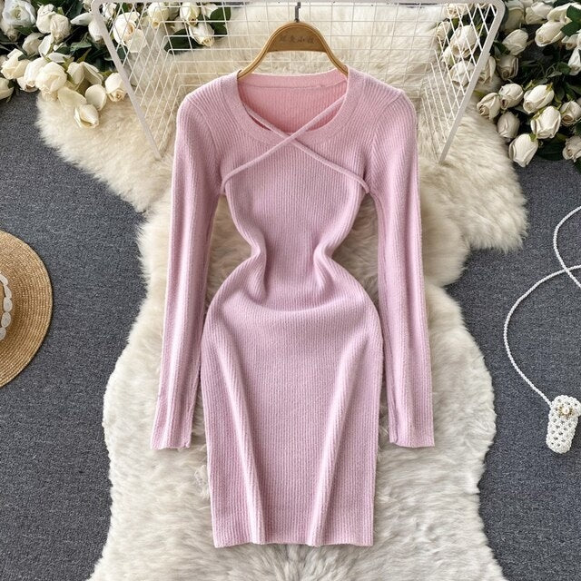 Elegant A Line Cross Tie Design O Neck Slim Dress