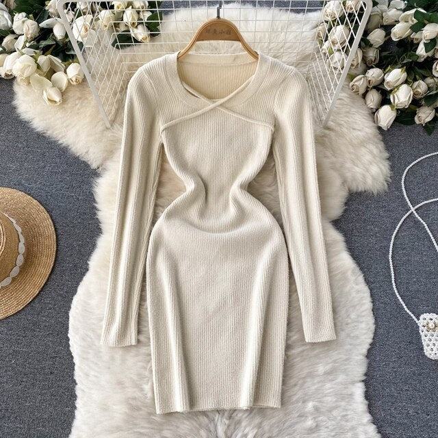Elegant A Line Cross Tie Design O Neck Slim Dress