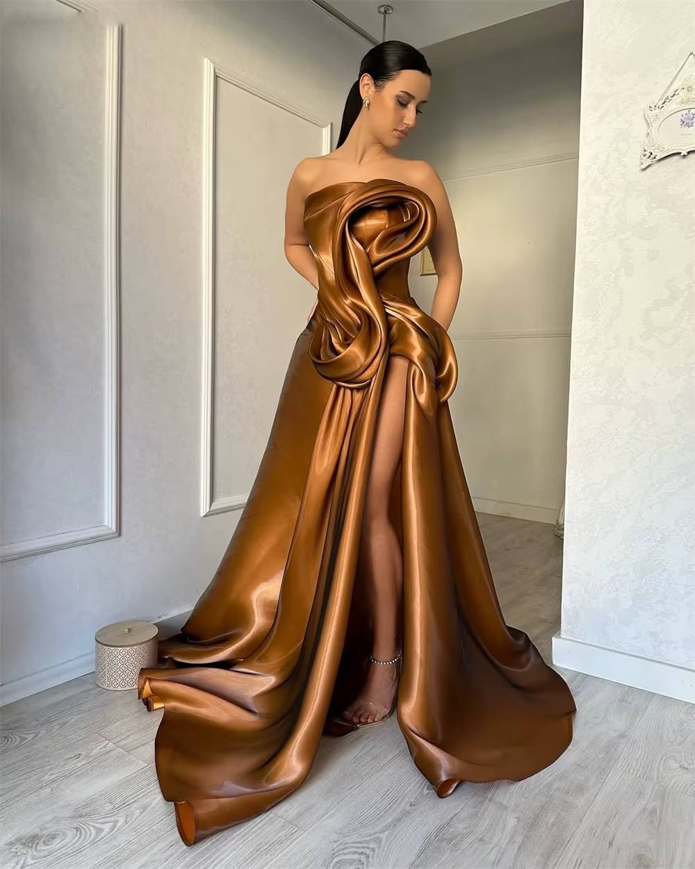 Elegant A-Line Draped High Split Ruffles Strapless Evening Party Maxi Dress