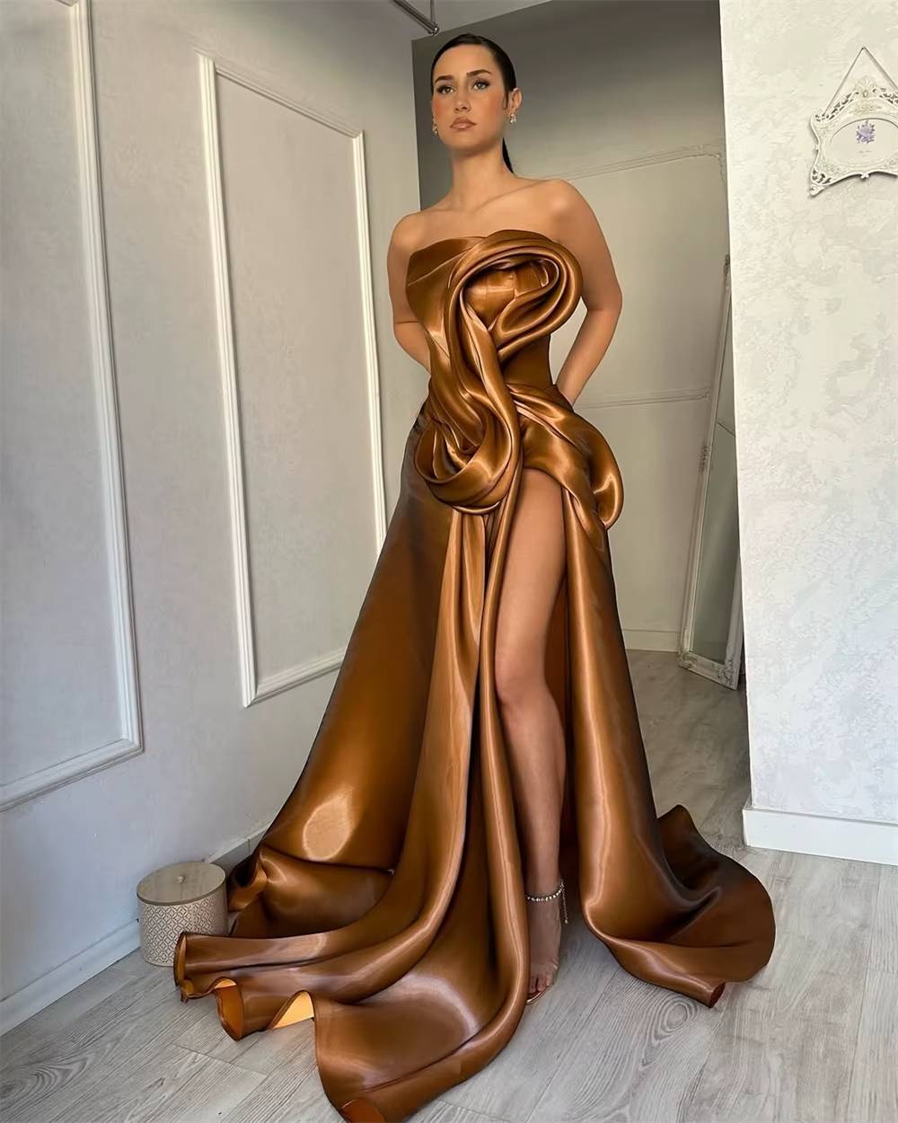 Elegant A-Line Draped High Split Ruffles Strapless Evening Party Maxi Dress