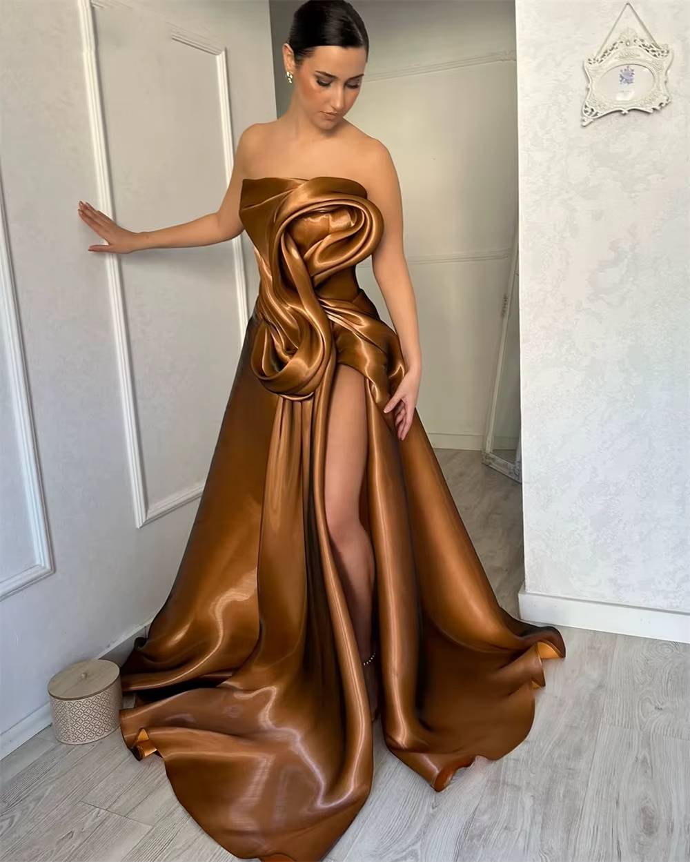 Elegant A-Line Draped High Split Ruffles Strapless Evening Party Maxi Dress