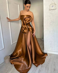 Elegant A-Line Draped High Split Ruffles Strapless Evening Party Maxi Dress