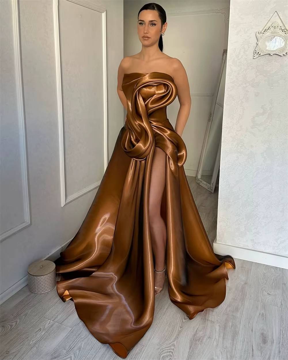 Elegant A-Line Draped High Split Ruffles Strapless Evening Party Maxi Dress