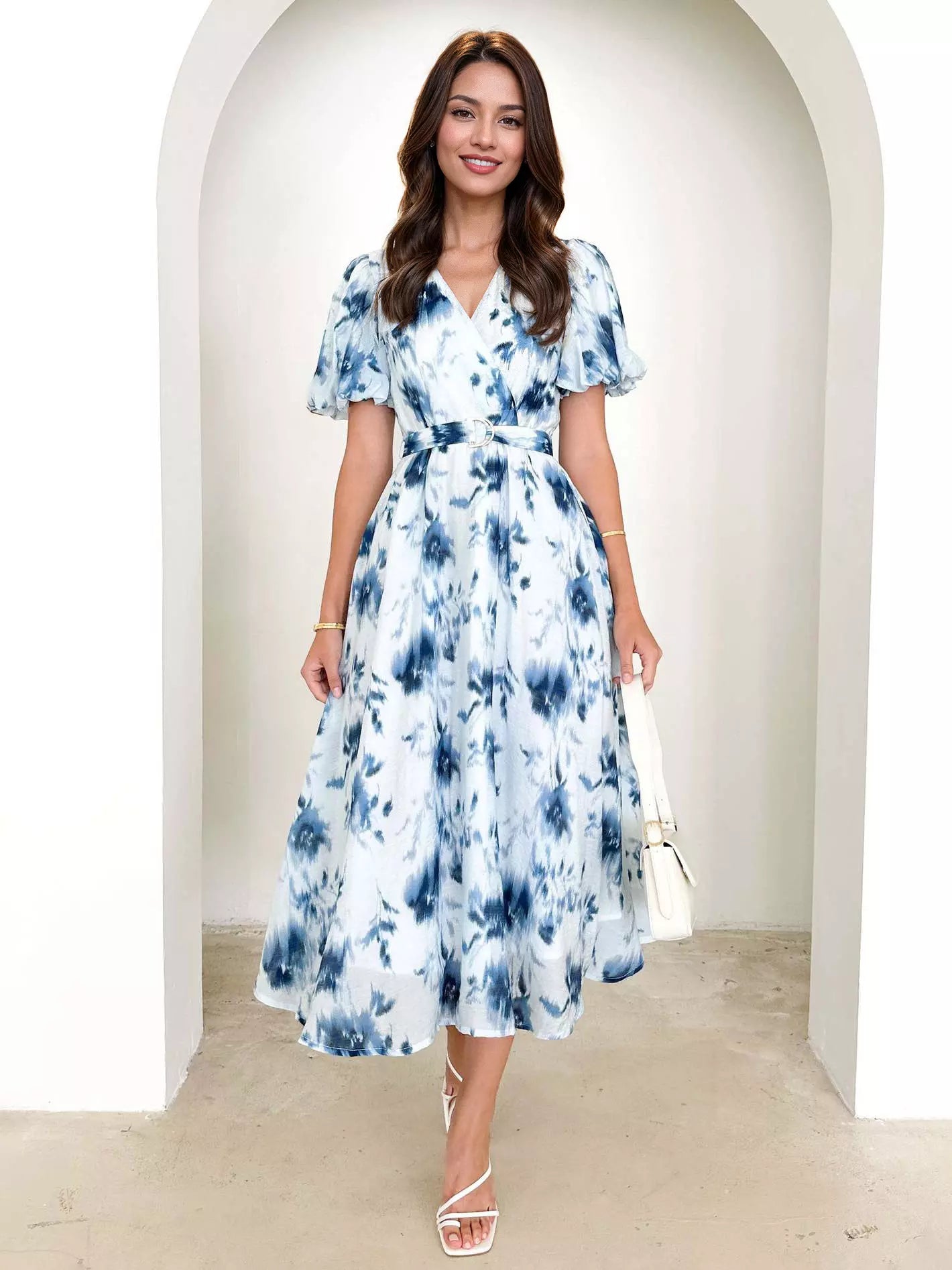 Elegant A-Line Floral Printed With Belt Puff Sleeves Midi Dress