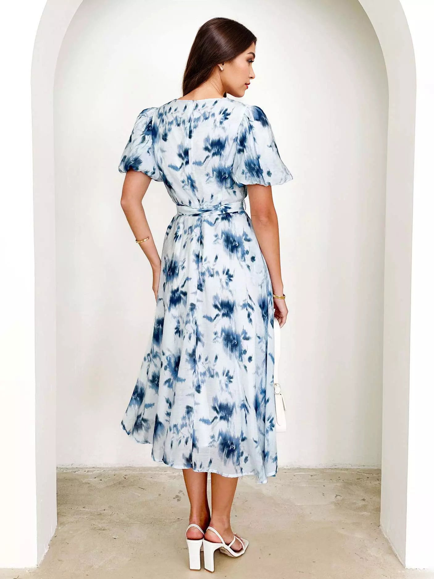 Elegant A-Line Floral Printed With Belt Puff Sleeves Midi Dress