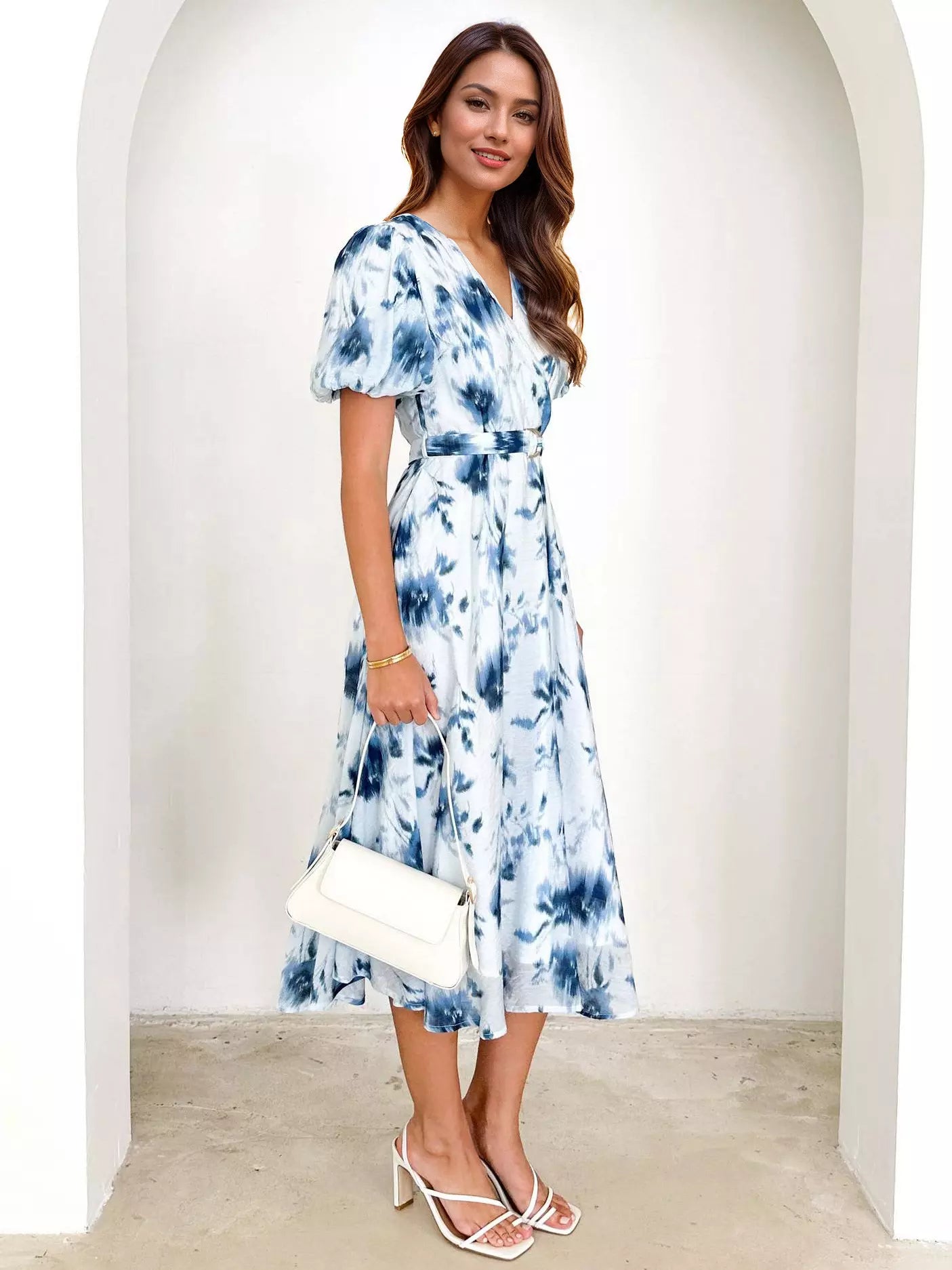 Elegant A-Line Floral Printed With Belt Puff Sleeves Midi Dress
