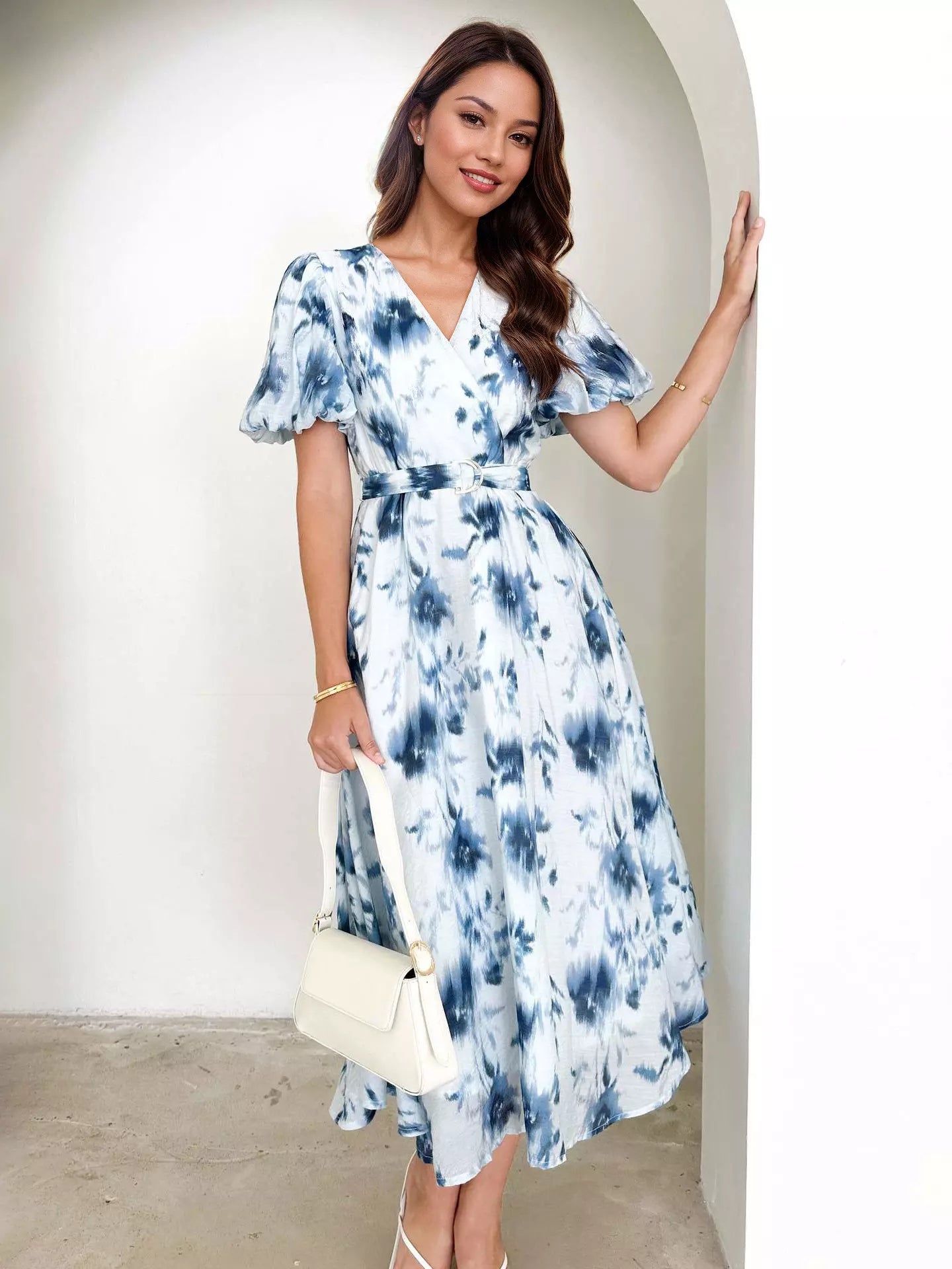 Elegant A-Line Floral Printed With Belt Puff Sleeves Midi Dress