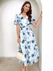 Elegant A-Line Floral Printed With Belt Puff Sleeves Midi Dress
