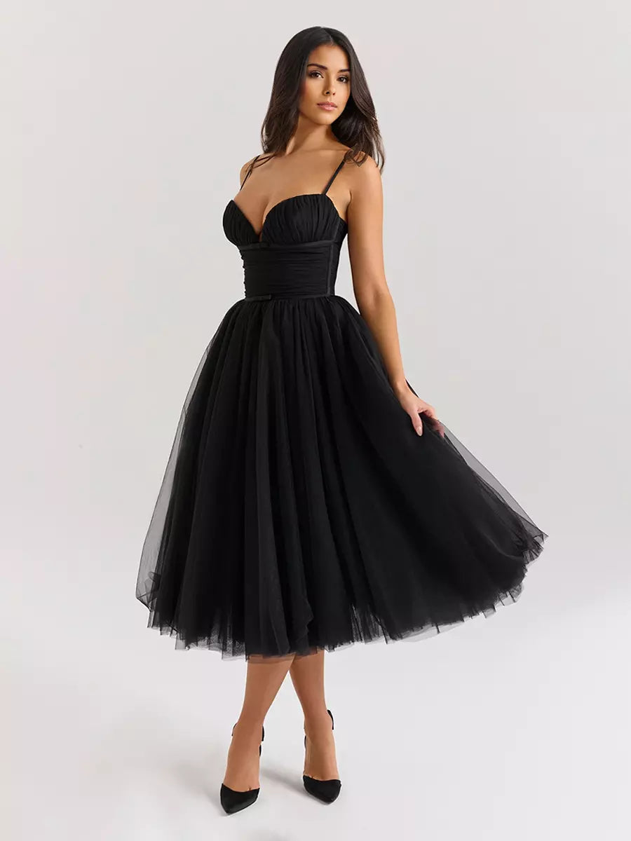 Elegant A-Line Graduation Sweet Tulle Sleeveless Midi Dress