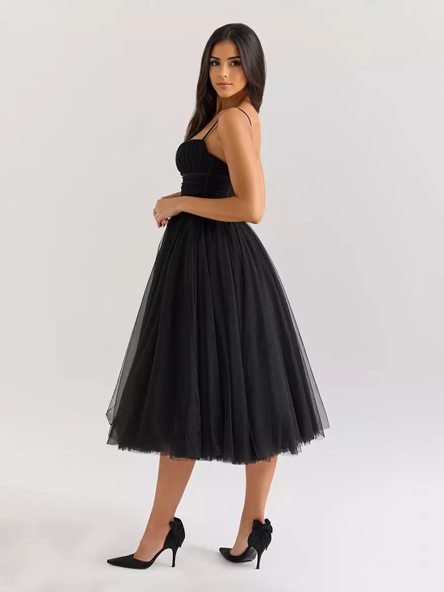 Elegant A-Line Graduation Sweet Tulle Sleeveless Midi Dress