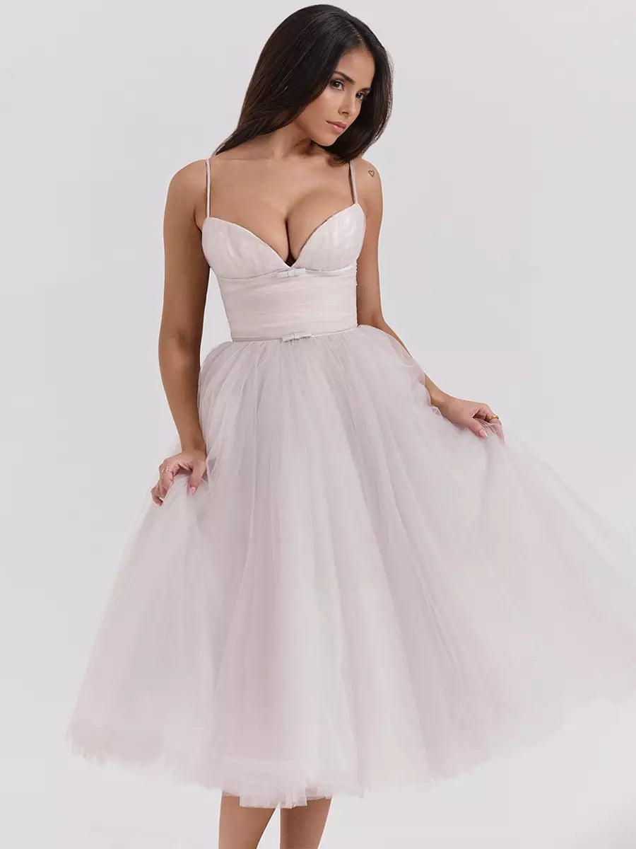 Elegant A-Line Graduation Sweet Tulle Sleeveless Midi Dress