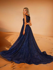Elegant A-Line Jewel Neck Polyester With Train Social Party Maxi Dress