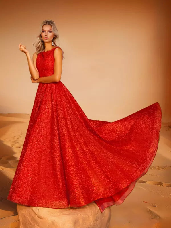 Elegant A-Line Jewel Neck Polyester With Train Social Party Maxi Dress
