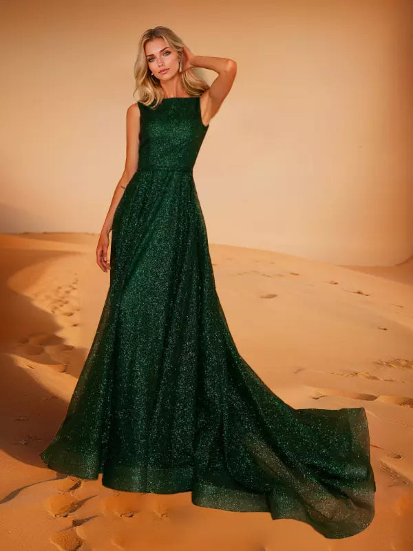Elegant A-Line Jewel Neck Polyester With Train Social Party Maxi Dress