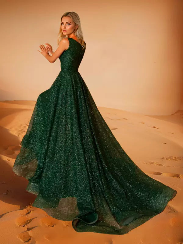 Elegant A-Line Jewel Neck Polyester With Train Social Party Maxi Dress