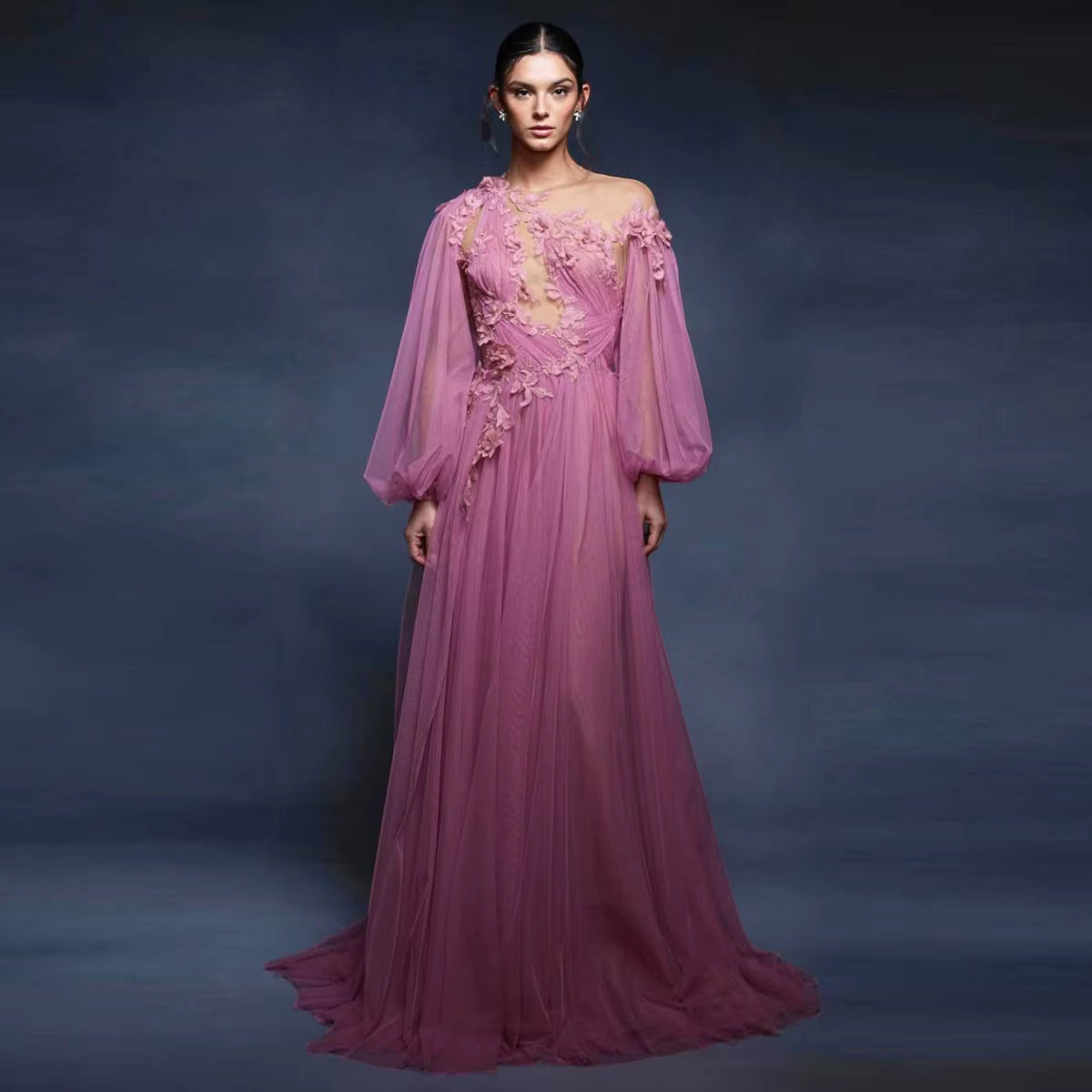 Elegant A-Line Long Sheer Appliques Soft Tulle Formal Maxi Dress