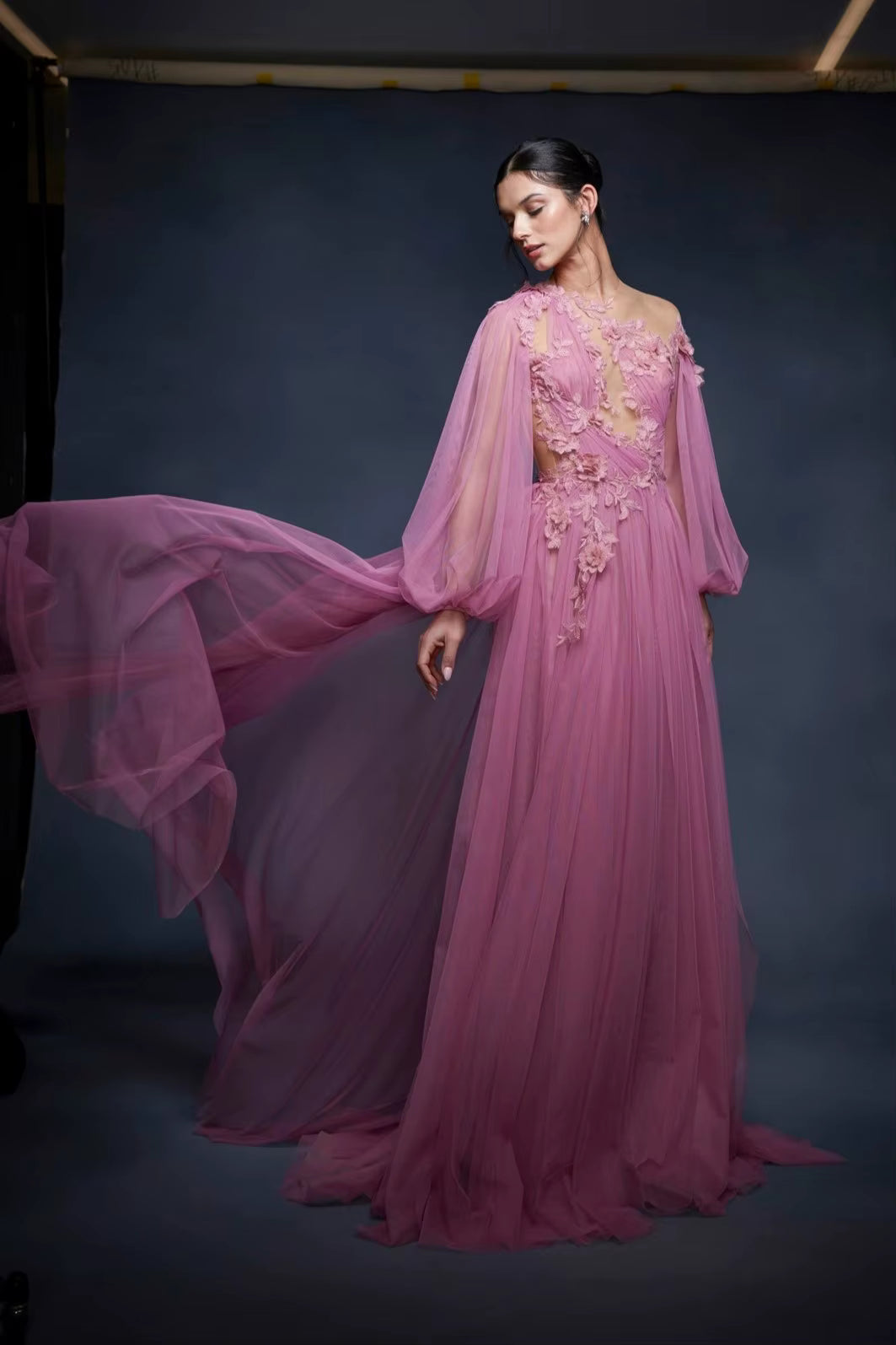 Elegant A-Line Long Sheer Appliques Soft Tulle Formal Maxi Dress