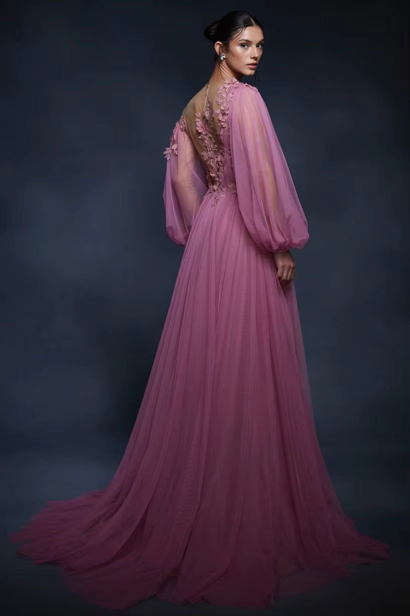 Elegant A-Line Long Sheer Appliques Soft Tulle Formal Maxi Dress