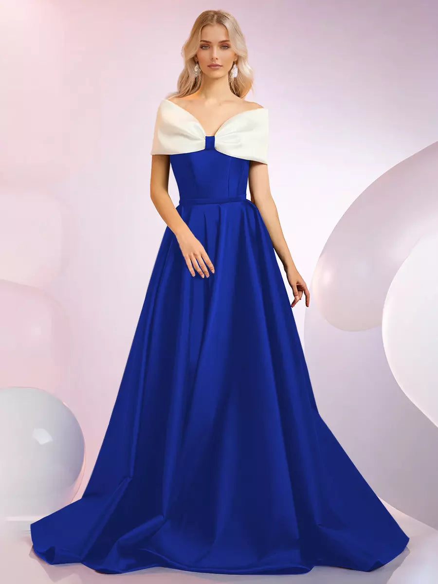 Elegant A-Line Neckline Sweep Short Sleeves Zipper Bows Satin Dresses