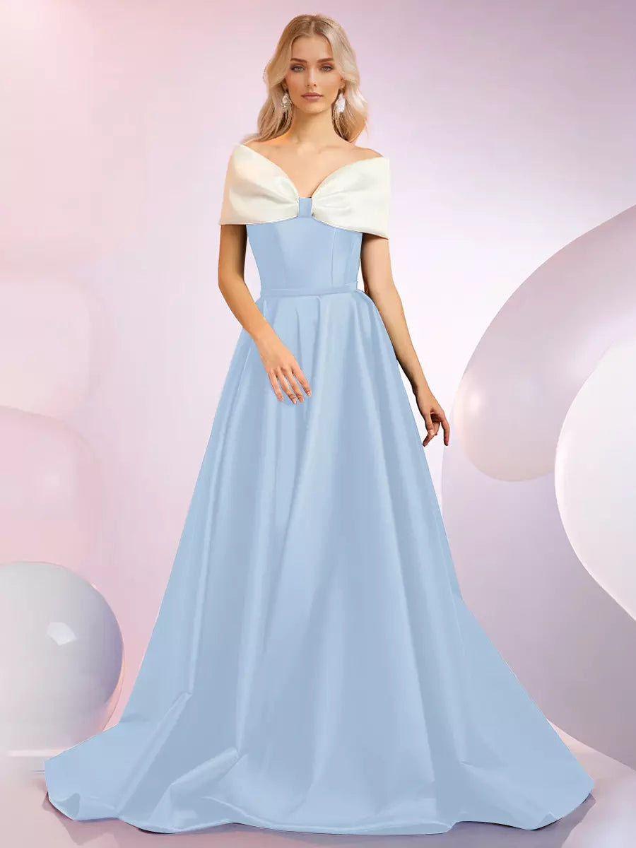 Elegant A-Line Neckline Sweep Short Sleeves Zipper Bows Satin Dresses