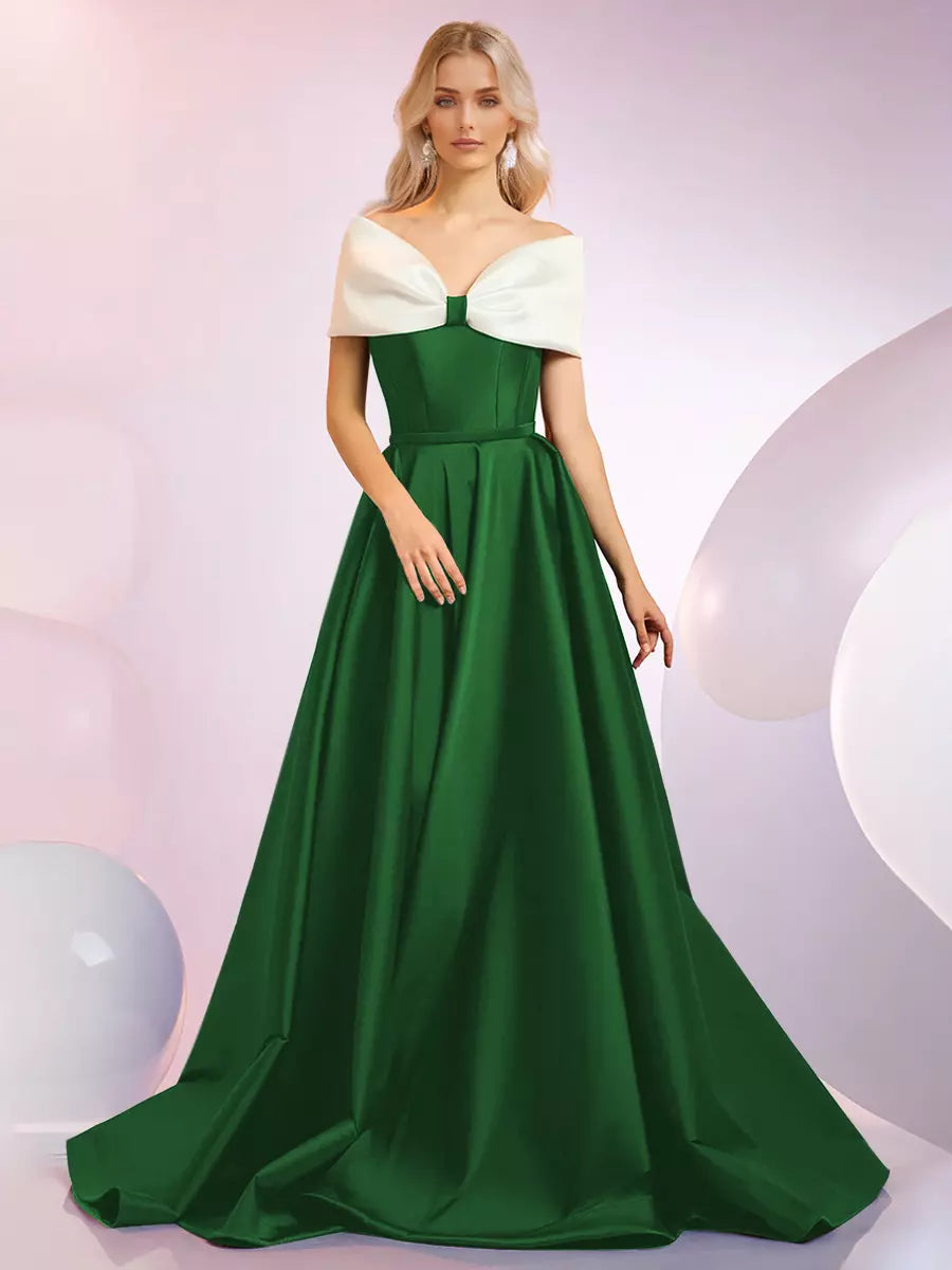 Elegant A-Line Neckline Sweep Short Sleeves Zipper Bows Satin Dresses