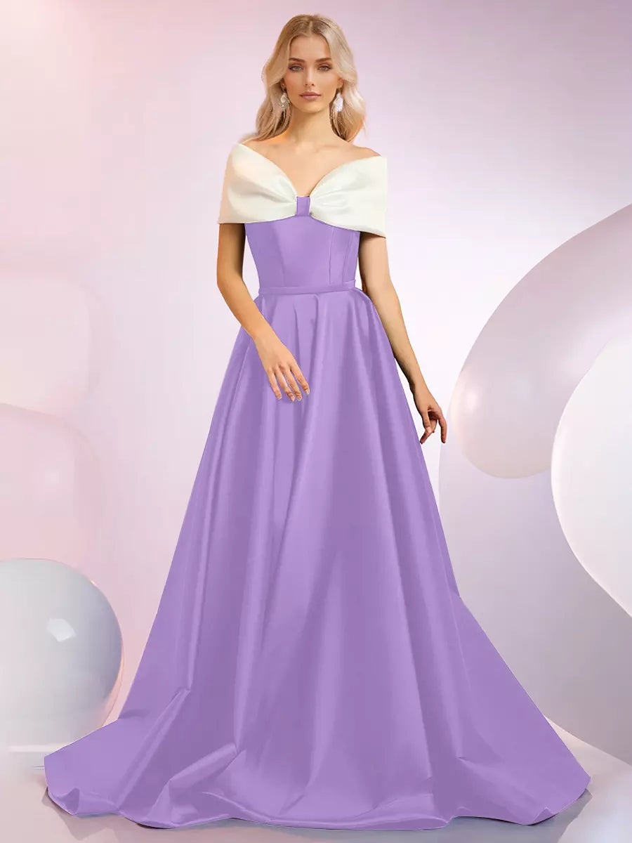 Elegant A-Line Neckline Sweep Short Sleeves Zipper Bows Satin Dresses