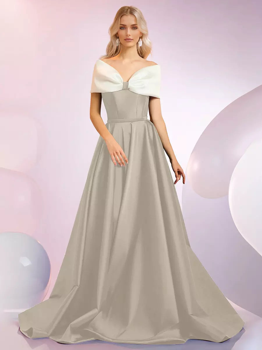 Elegant A-Line Neckline Sweep Short Sleeves Zipper Bows Satin Dresses