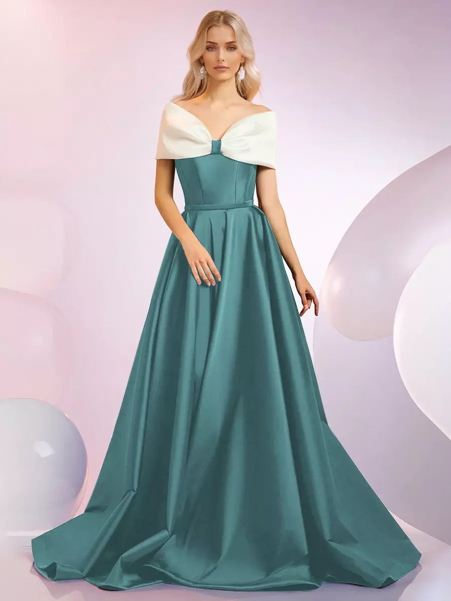 Elegant A-Line Neckline Sweep Short Sleeves Zipper Bows Satin Dresses