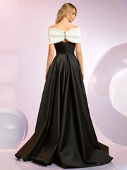 Elegant A-Line Neckline Sweep Short Sleeves Zipper Bows Satin Dresses
