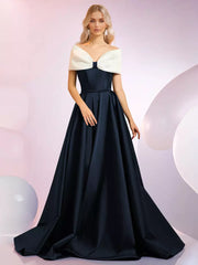 Elegant A-Line Neckline Sweep Short Sleeves Zipper Bows Satin Dresses