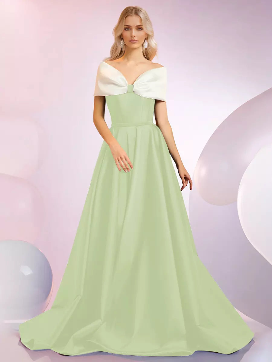 Elegant A-Line Neckline Sweep Short Sleeves Zipper Bows Satin Dresses